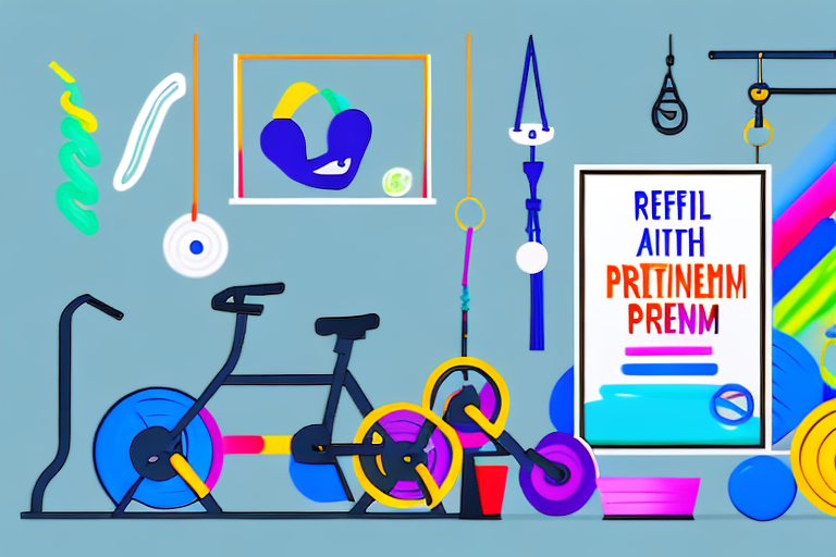 A gym with colorful equipment and a sign with the words "referral program" in the foreground