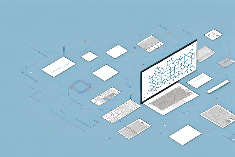 A computer and a series of interconnected lines and boxes to represent a crm system