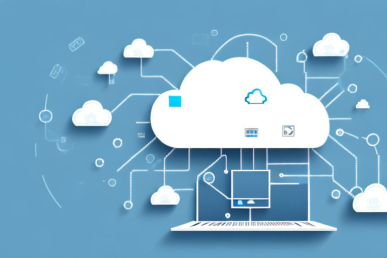 A cloud-connected computer with various software icons floating around it