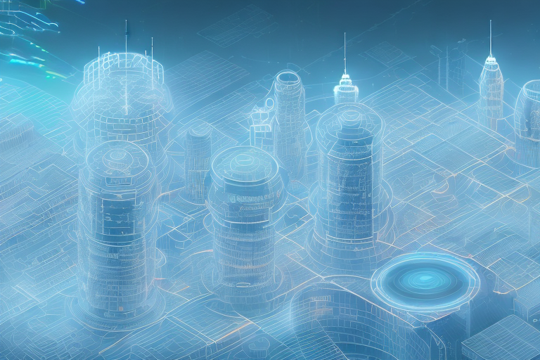 A futuristic cityscape with various business buildings