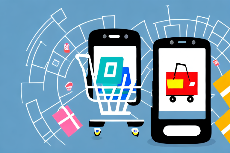 A smartphone displaying a shopping cart icon surrounded by various retail items