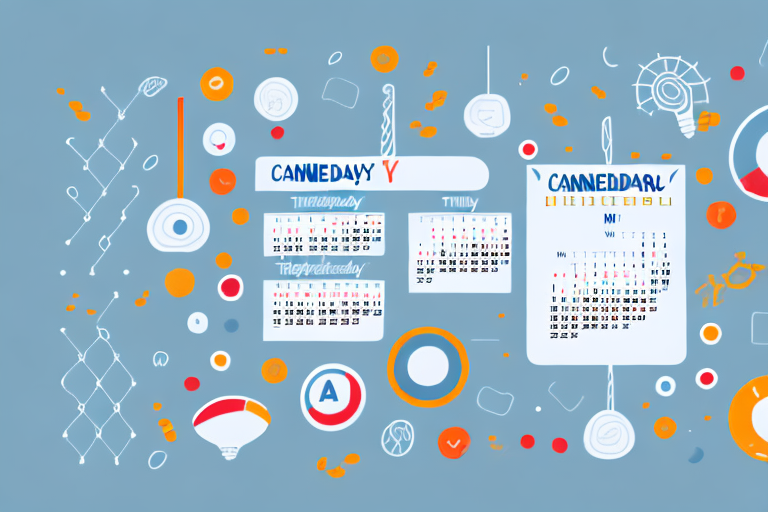 A neatly organized calendar with various marketing symbols like megaphones