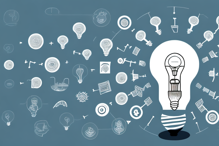 A light bulb surrounded by various digital icons representing different types of content such as video