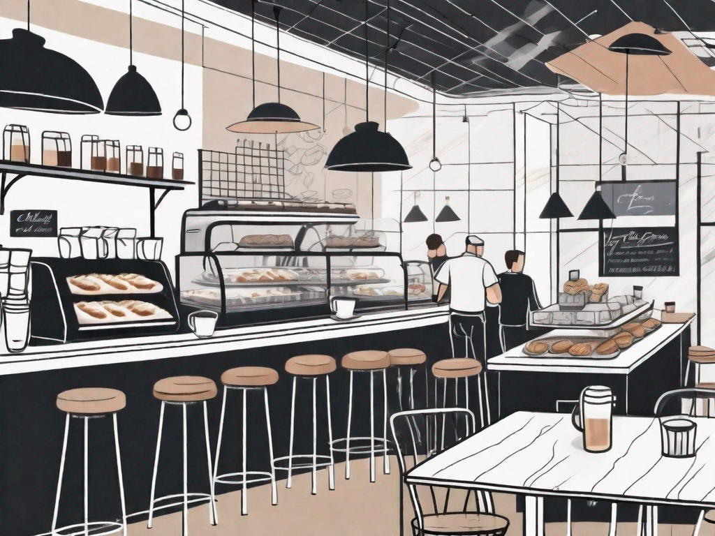 A bustling café interior with a counter full of pastries and coffee machines