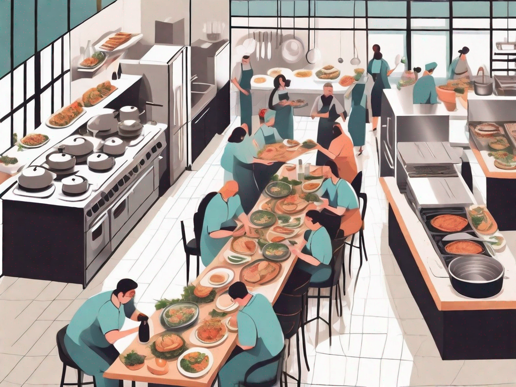 A busy restaurant scene from a bird's eye view