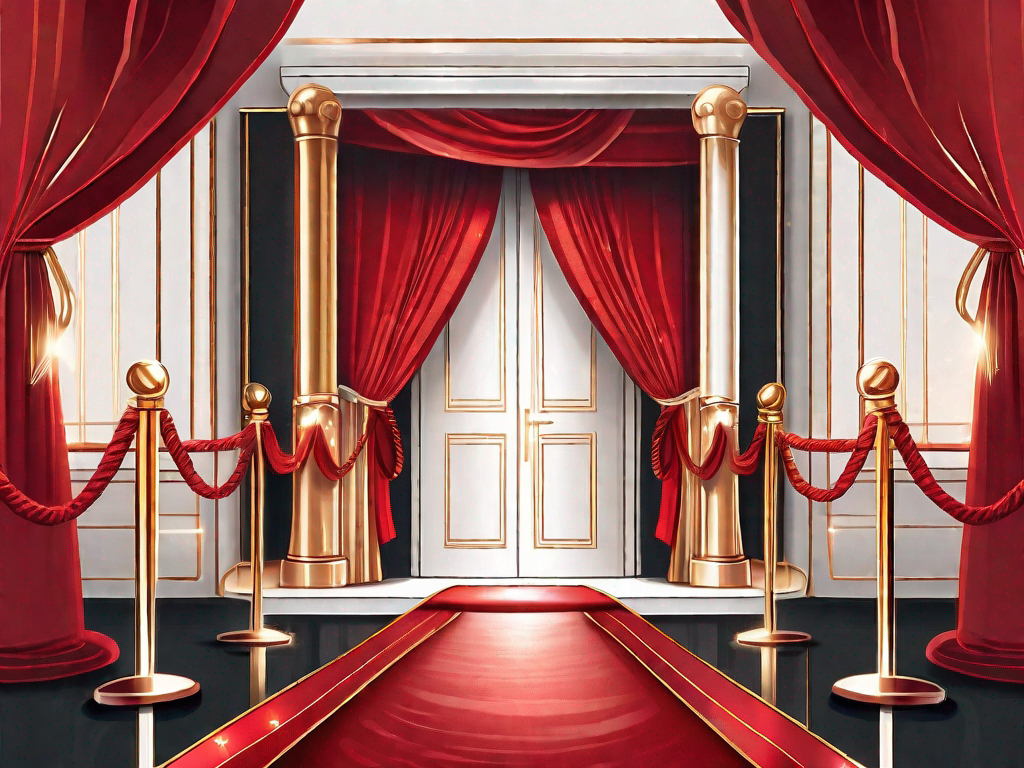 A luxurious red velvet rope leading to a grand