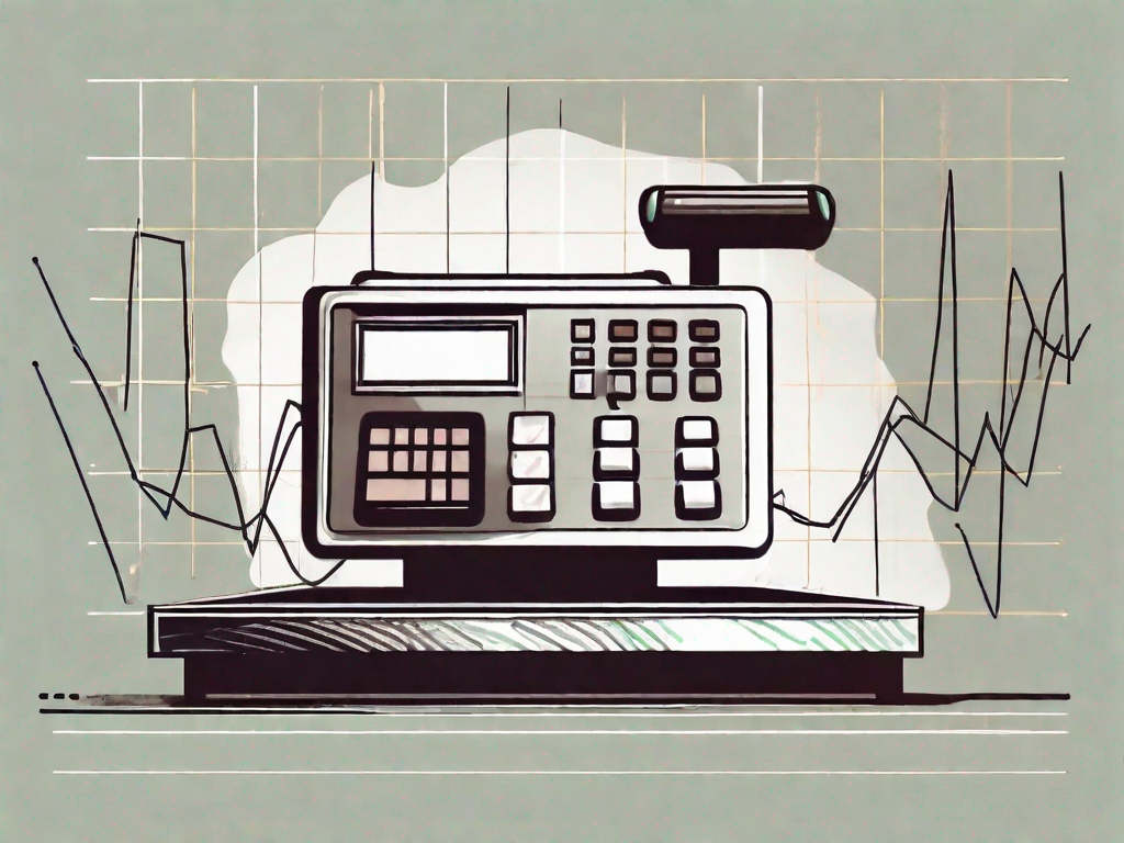 A cash register with a rising graph coming out of it