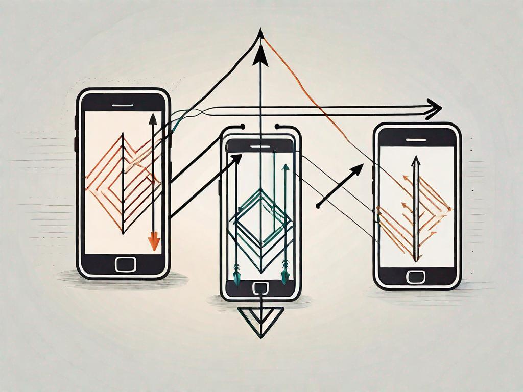 Two smartphones connected by a series of intertwining arrows
