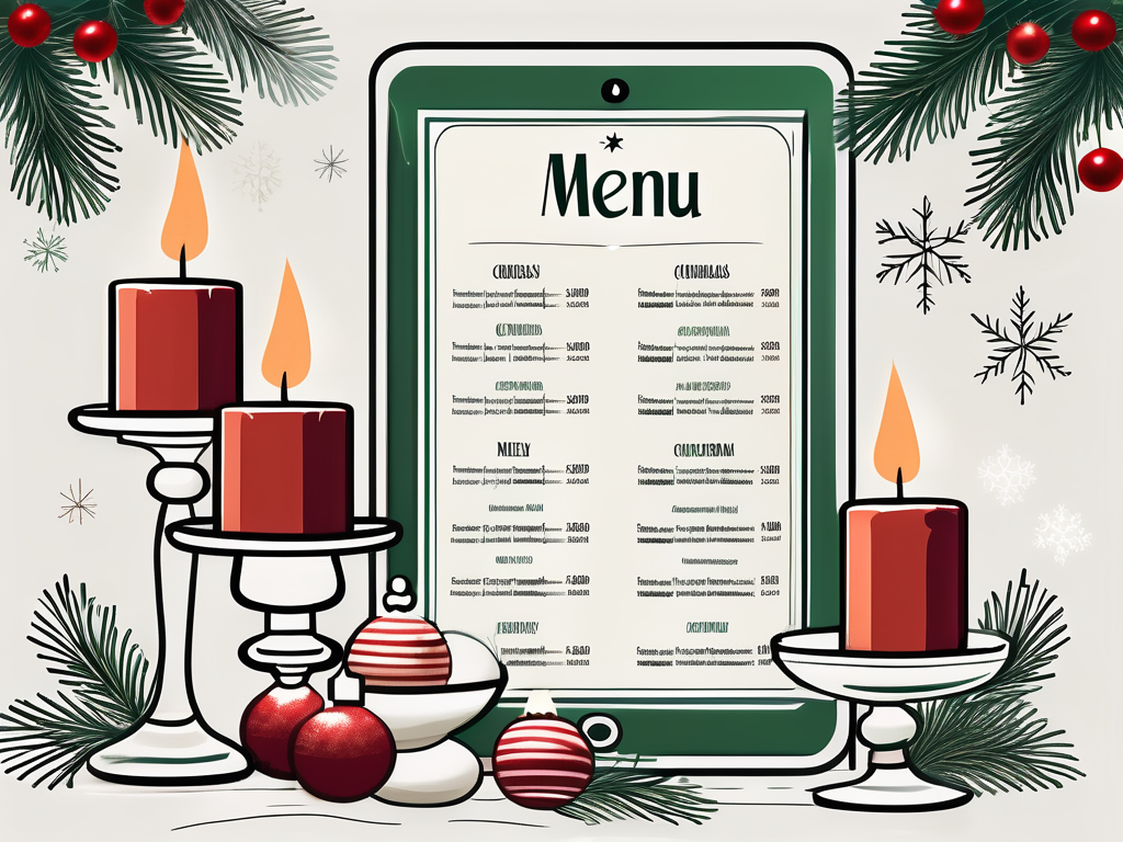 A festive digital tablet displaying a christmas-themed menu