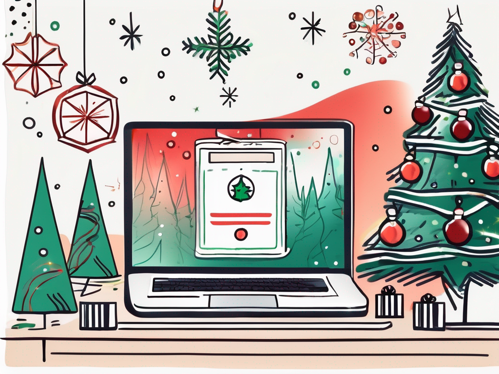 A festive computer screen with christmas decorations around it