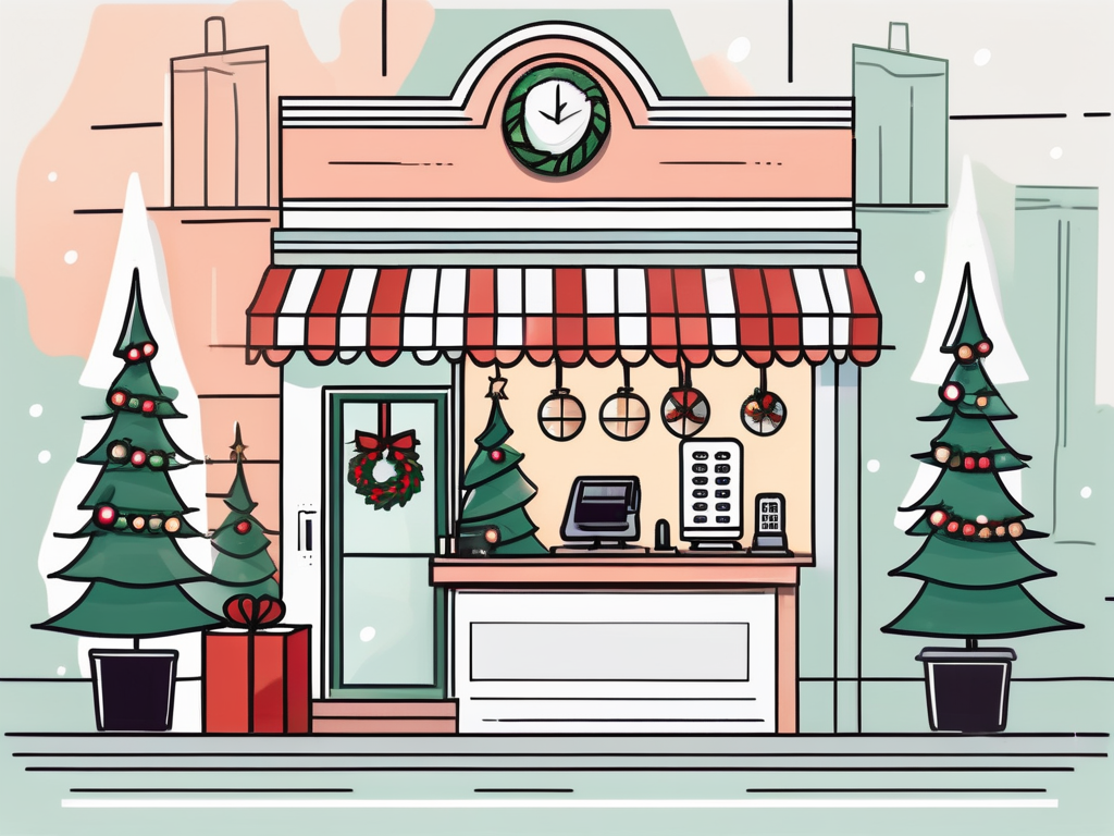 A festive storefront with a modern cash register