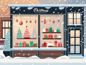 A festive storefront decorated with christmas ornaments
