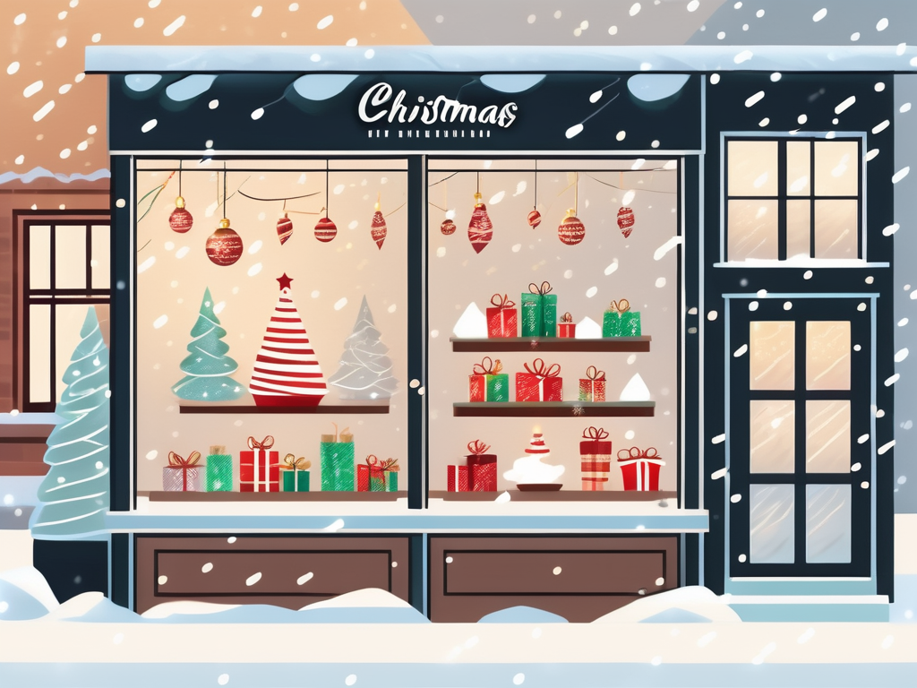 A festive storefront decorated with christmas ornaments