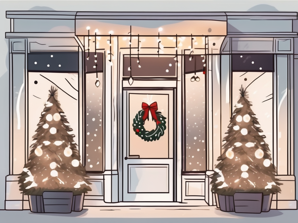 A festive storefront decorated with christmas lights