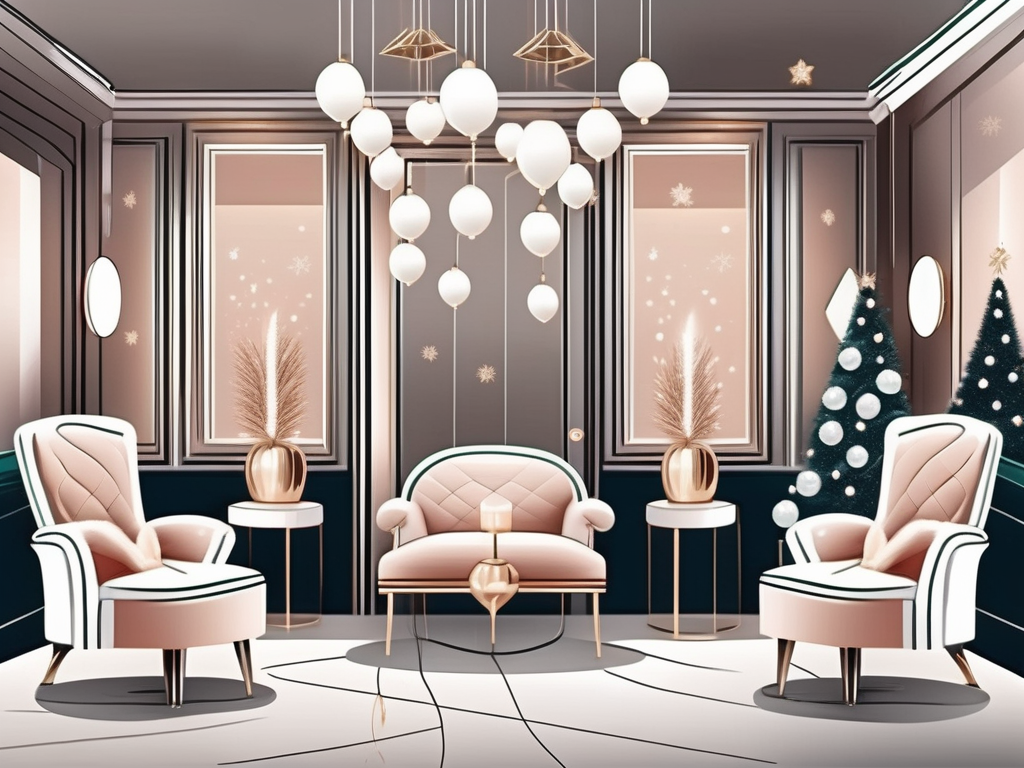 A luxurious beauty salon decorated with festive christmas ornaments