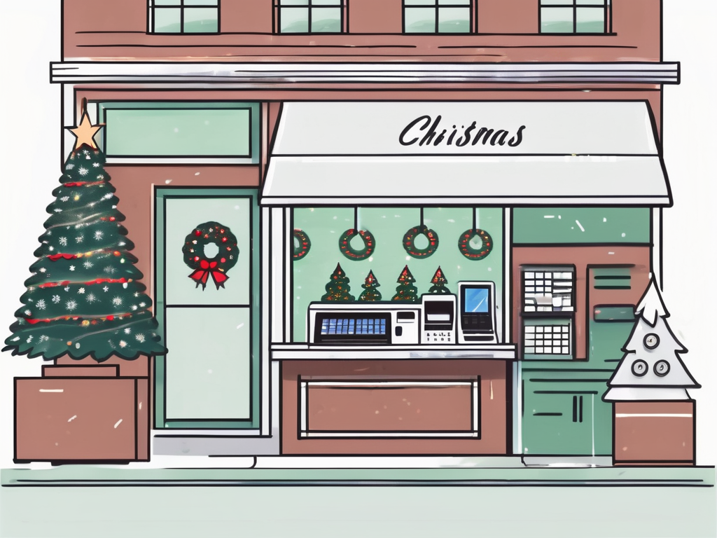 A festive storefront with a decorated christmas tree and a cash register displaying a high number