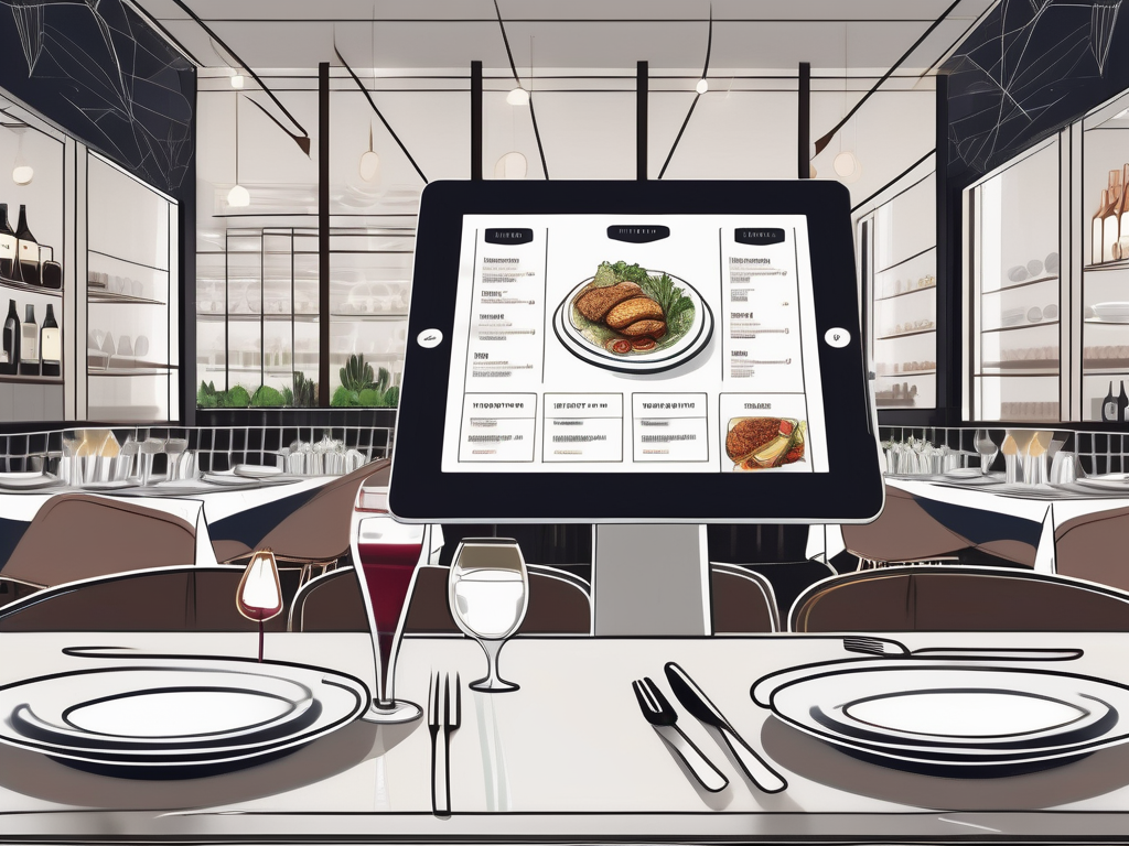 A modern restaurant interior with a digital menu displayed on a sleek tablet placed on a dining table