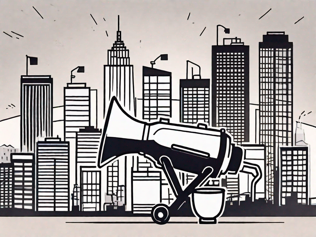 A megaphone projecting symbols of various businesses (like a shopping cart