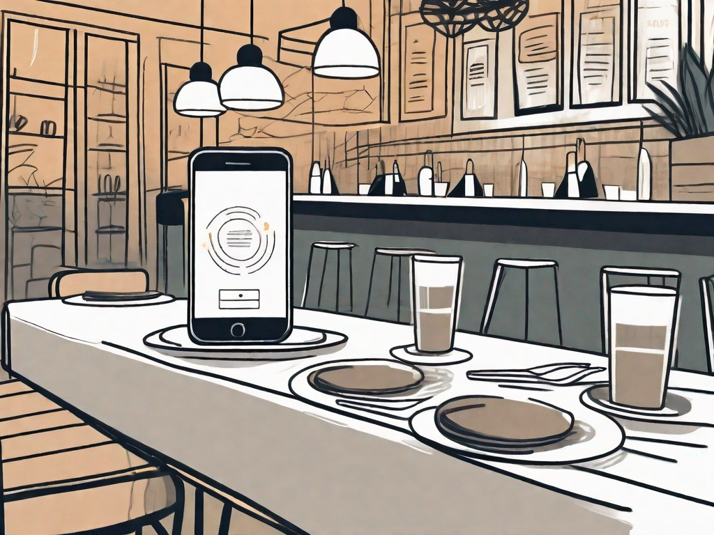 A restaurant table with a phone on it