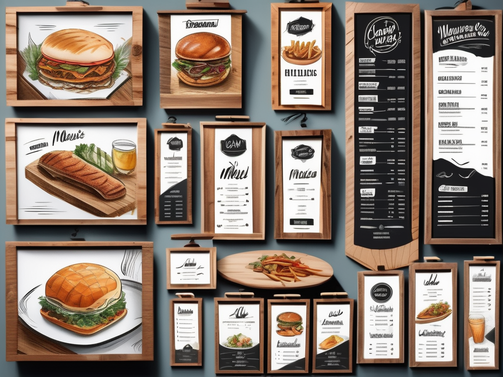A variety of restaurant menu boards featuring different designs