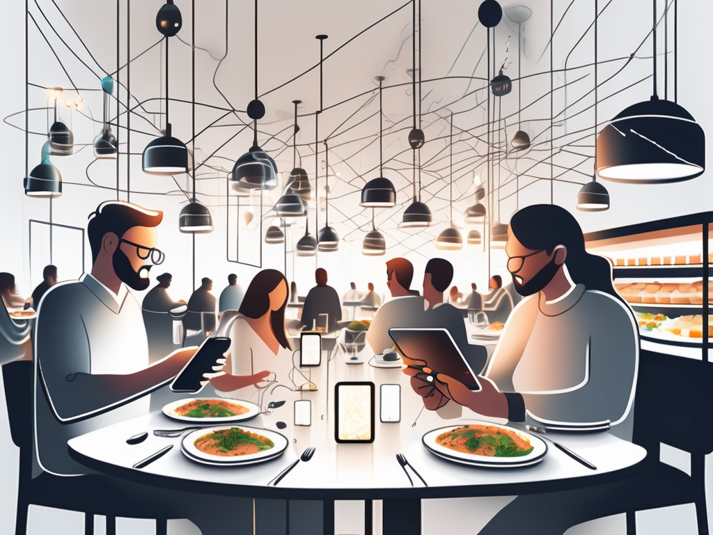 A bustling restaurant with digital devices like smartphones and tablets floating above it