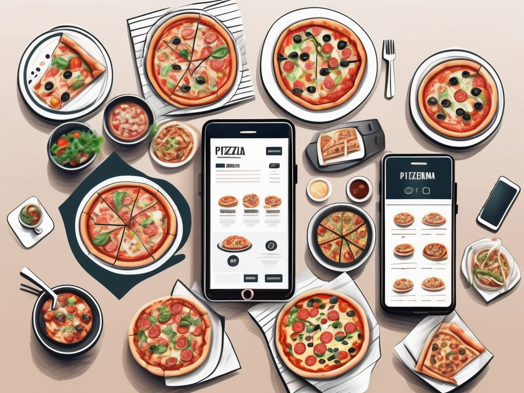A modern pizzeria with digital devices like tablets