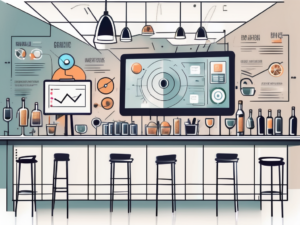 A modern bar with digital elements like a tablet for ordering and screens displaying menus