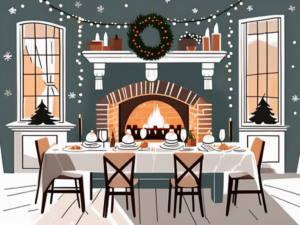 A cozy winter restaurant scene adorned with festive decorations